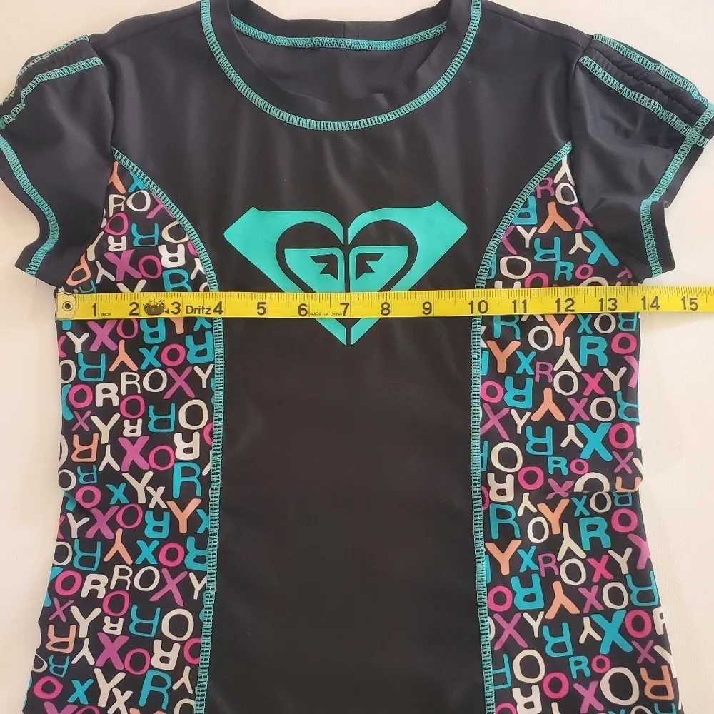 K1015 * Roxy Girls Short Sleeve Rash Guard Black Teal Size Unknown